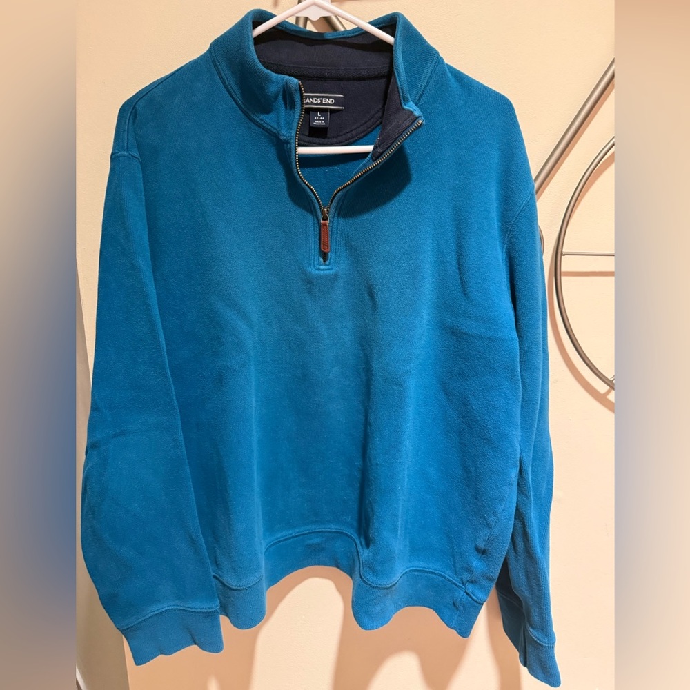 Lands' End Men's Bright Teal Quarter-Zip Fleece Pullover, Size L